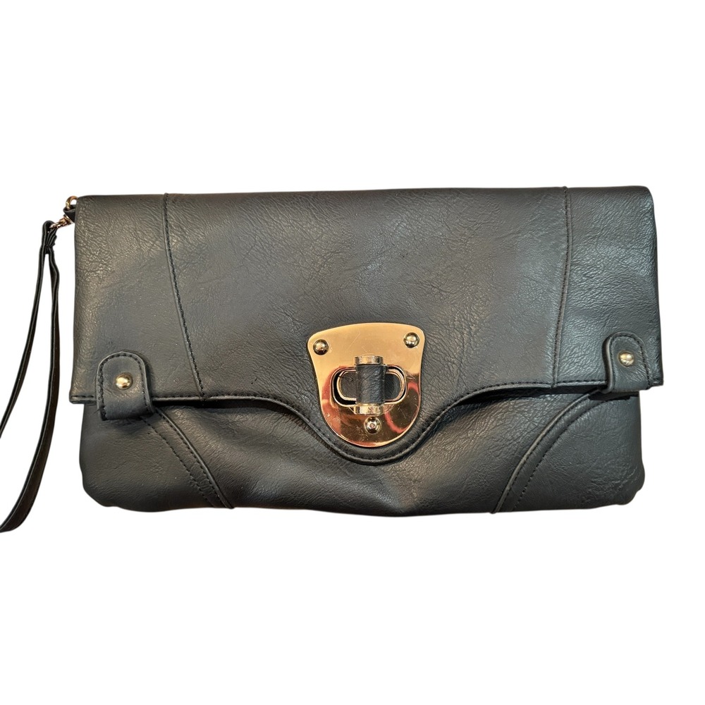 Yoki Black Clutch Bag Handbag Evening Purse Wristlet Vegan Leather Turn Lock‎